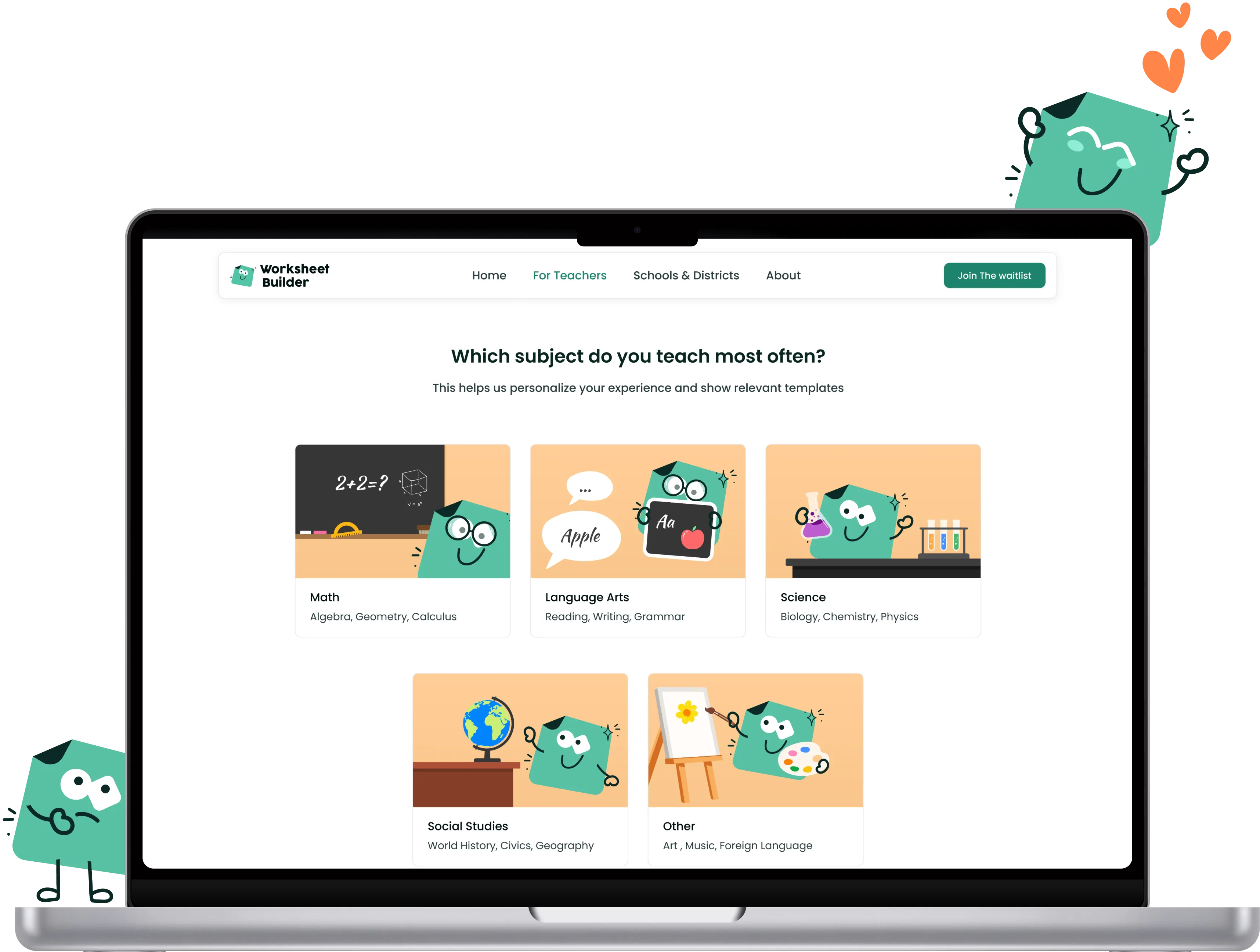 The Worksheet Builder app asking which subject you teach most often, with friendly mascots
