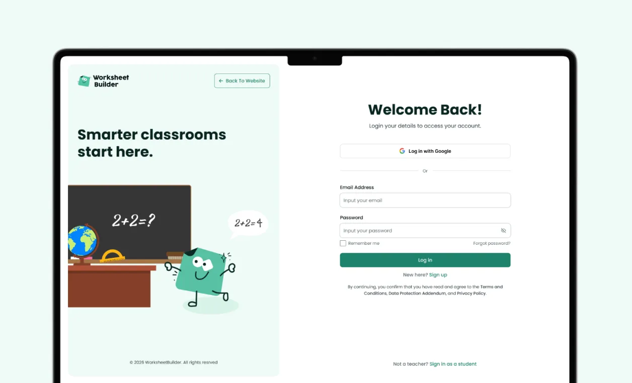 Worksheet Builder on a tablet, showing the student login screen
