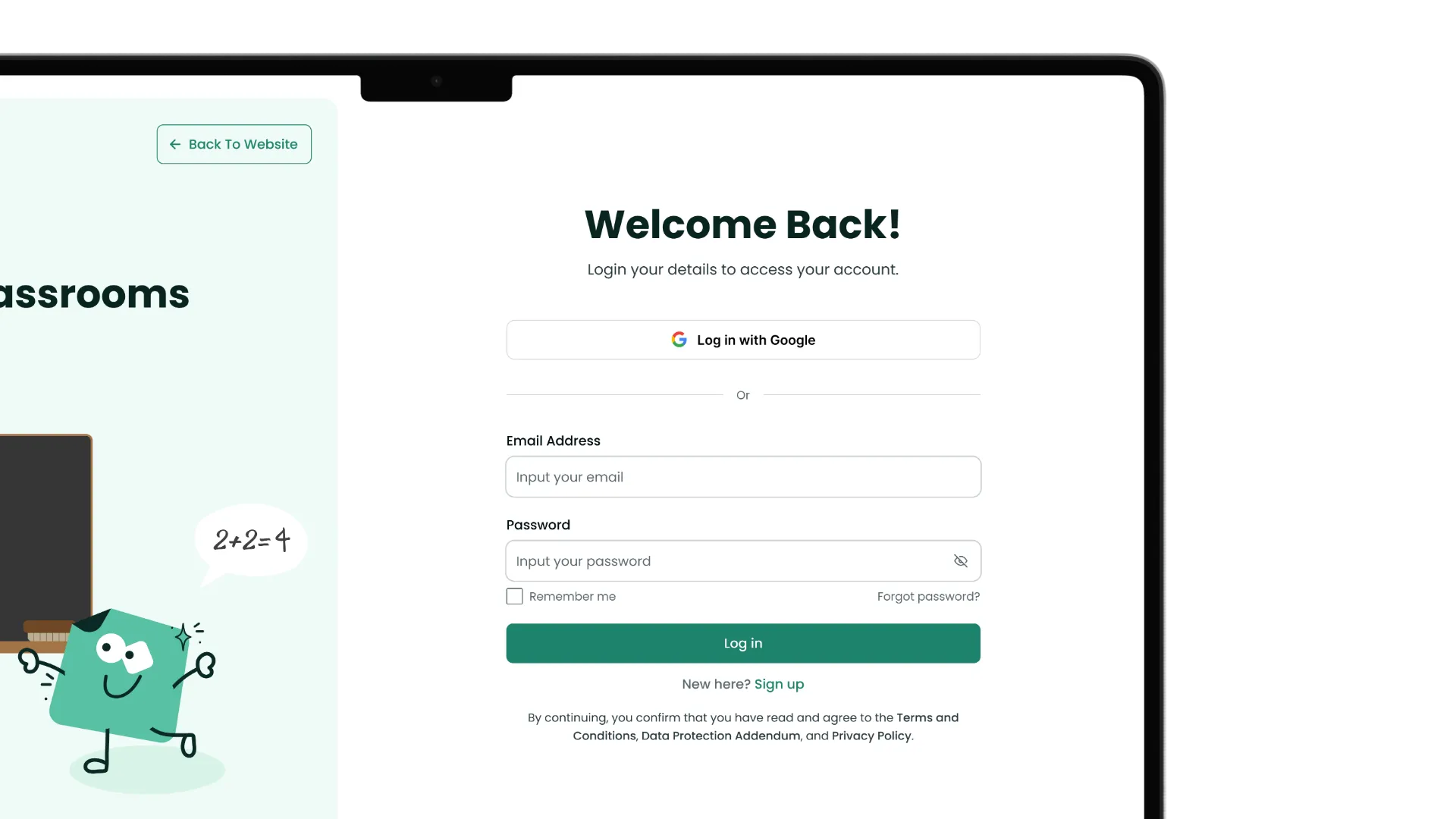 Worksheet Builder on a tablet, showing the student login screen